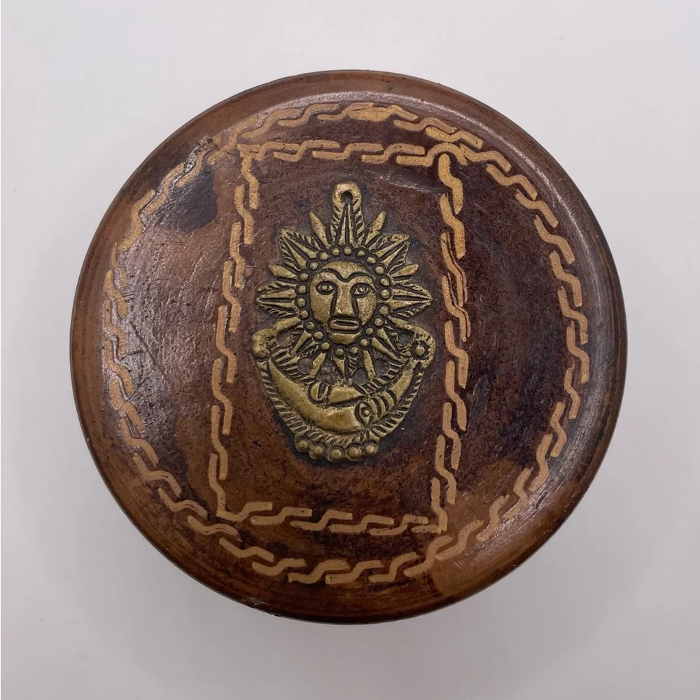 Round Clay Pottery  Trinket Box w/ Lid, Metal Tribal Inlays, Brown/Gold 3” x 2”